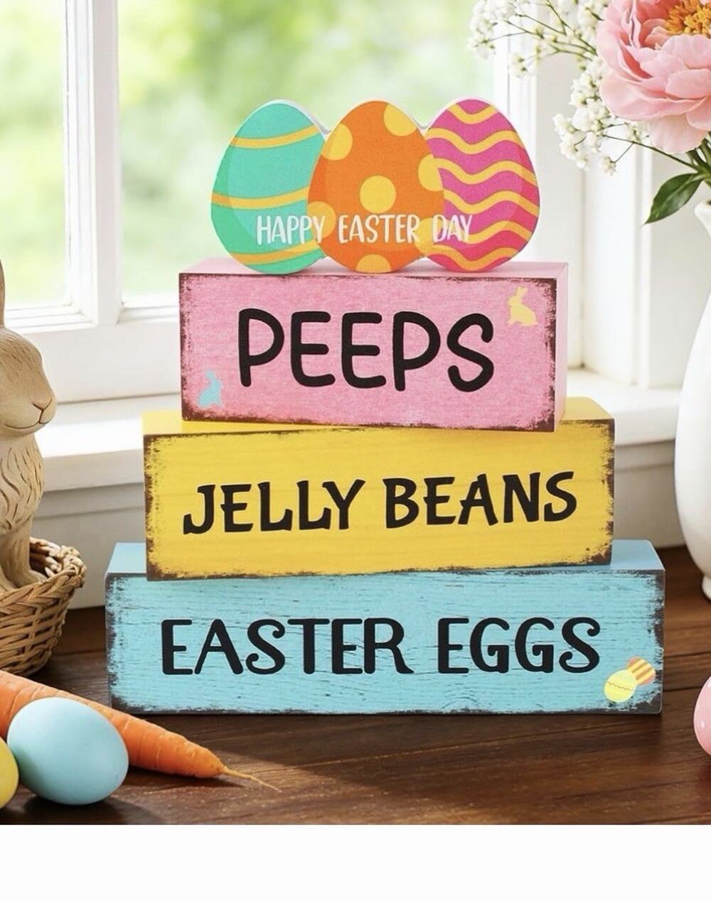 4 Pcs Easter Wooden Tiered Tray Decor, Easter Eggs Decorations Gifts for Pink